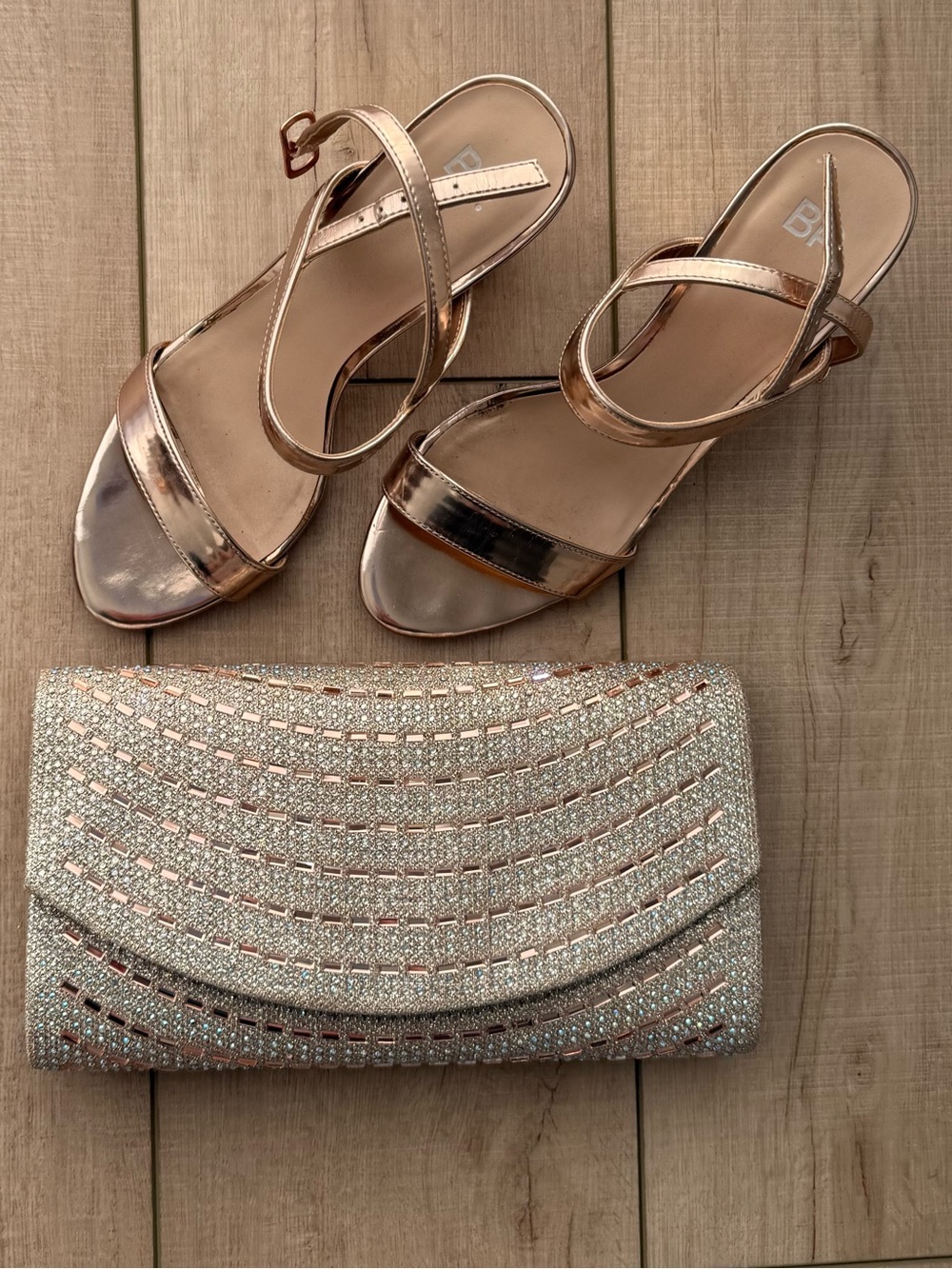 Rose Gold Strappy Heels (BP - size 8) with sparkly clutch purse